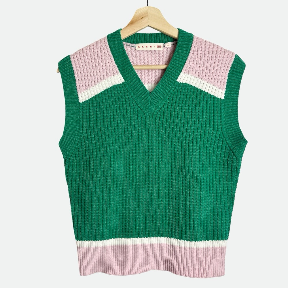 UNIQLO x MARNI Collaboration Popcorn Knit Vneck Vest Size M Bicolor Green Pink